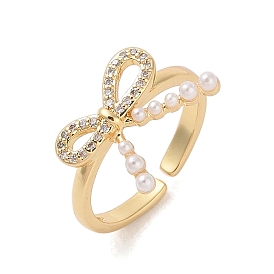 Bowknot Brass Micro Pave Clear Cubic Zirconia Open Cuff Rings for Women, with Resin Imitation Pearls