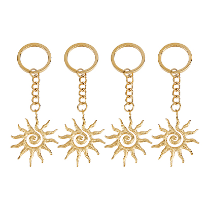4pcs 304 porte-clés en acier inoxydable, soleil, avec 304 anneaux en acier inoxydable