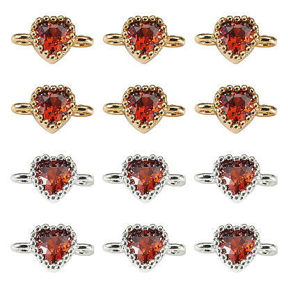 12шт. 2 цвета латунь паве кубический цирконий звенья сердце соединительные подвески, долговечный, стойки покрытие, золотой и серебряный, без кадмия, без никеля и без свинца