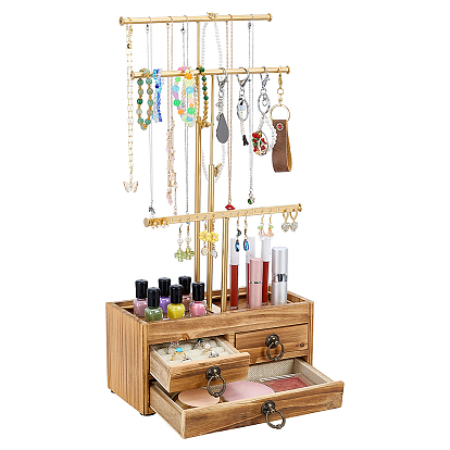3-Tier Iron T Bar Jewelry Dispaly Tower Stands with 3 Wooden Drawers, for Earrings Rings Necklaces Bracelets, Rectangle, Saddle Brown