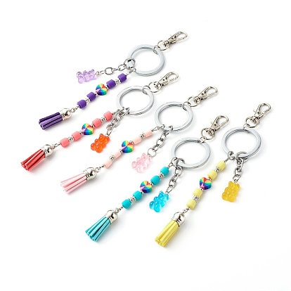 Polymer Clay Heishi Beaded Keychain, with Suede Cord Tassel and Resin Bear Pendants, 304 Stainless Steel Findings and Iron Ring