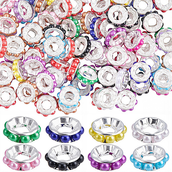 100Pcs Brass European Beads, wit ABS Plastic Imitation Pearl, Large Hole Beads, Flat Round