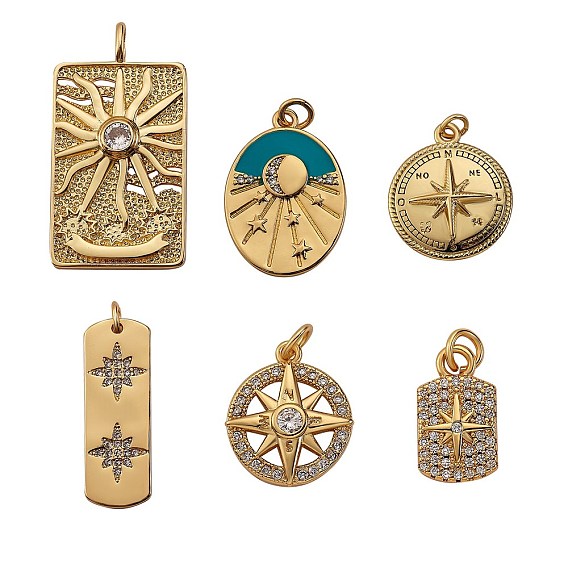 6Pcs 6 Style Brass Micro Pave Cubic Zirconia Pendants, Mixed Shapes