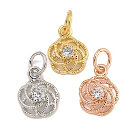 Rack Plating Brass Micro Pave Clear Cubic Zirconia Charms, Lead Free & Cadmium Free, Long-Lasting Plated, Flower