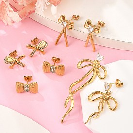 304 Серьги-гвоздики из нержавеющей стали с прозрачным фианитом и микропаве, бантом