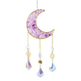 Natural Amethyst Chip Wrapped Moon Hanging Ornaments, Glass Leaf Tassel Suncatchers for Home Outdoor Decoration