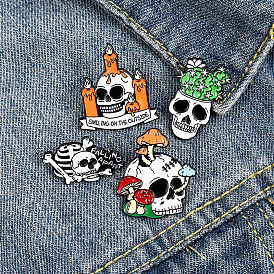 Spooky Skull Brooch, Cactus Mushroom Candle Pin - Enamel Badge Set