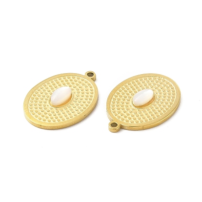 Natural White Shell Pendants, Oval Charms, with Vacuum Plating Real 18K Gold Plated 201 Stainless Steel Findings