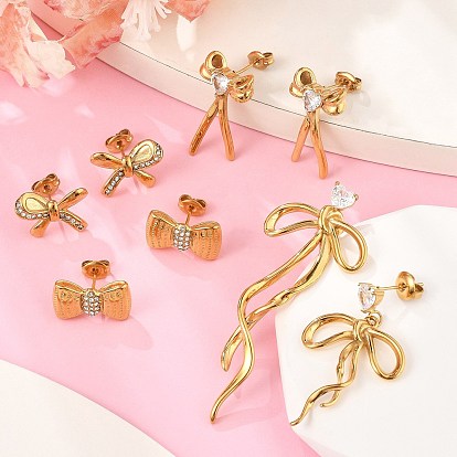 304 Серьги-гвоздики из нержавеющей стали с прозрачным фианитом и микропаве, бантом