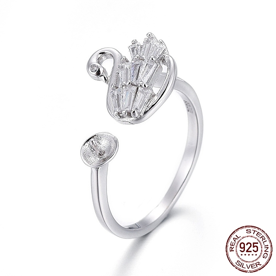 925 Sterling Silver Cuff Rings, Design Ring Mounts Fittings with Pearl Seat, For Half Drilled Beads, with Cubic Zirconia, with 925 Stamp, Swan