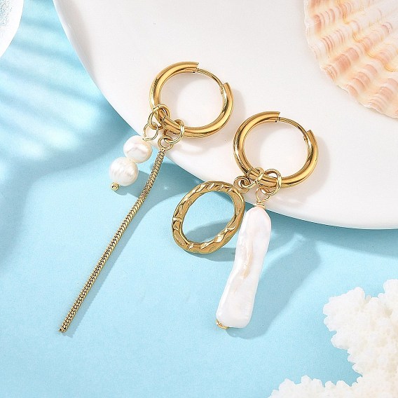 202 Stainless Steel Dangle Huggie Hoop Earrings, with Natural Pearl Beads and 304 Stainless Steel Oval Pendants