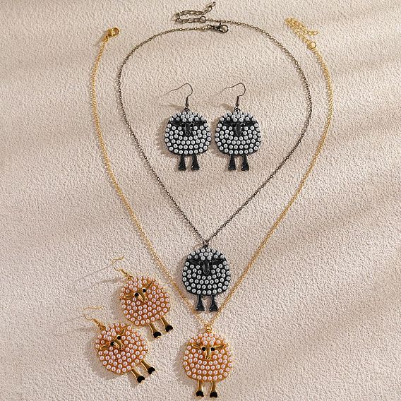 Alloy Jet Rhinestone Cute Sheep Pendant Necklaces with White Imitation Pearl for Women