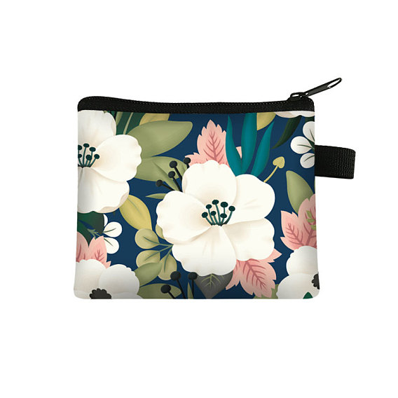 Pochettes en polyester de style dessin animé à motif fleur/cerise, porte-monnaie avec fermeture éclair et porte-clés, pour femme, rectangle