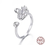 925 Sterling Silver Cuff Rings, Design Ring Mounts Fittings with Pearl Seat, For Half Drilled Beads, with Cubic Zirconia, with 925 Stamp, Swan