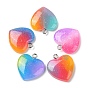 Rainbow Color Opaque Resin Pendants, Glitter Heart Charms with Platinum Plated Iron Loops