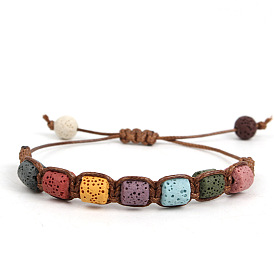 Handmade Weave Macaron Color Adjustable Dyed Natural Lava Rock Braided Bead Bracelets for Women Men