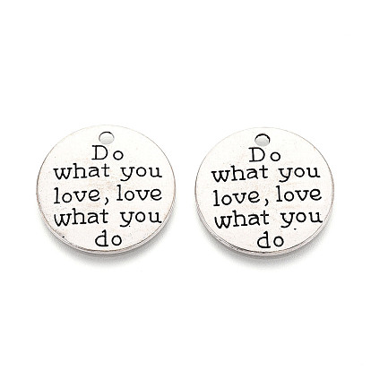 Pendentifs en alliage de style tibétain, sans plomb et sans cadmium, plat rond avec mot fais ce que tu aimes, aime ce que tu fais