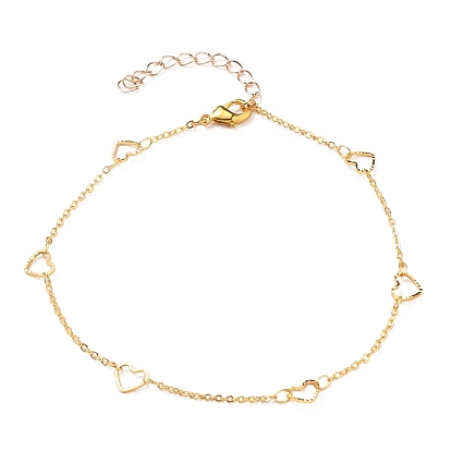 Brass Cable Chain Anklets, with Heart Links and Lobster Claw Clasps