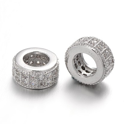 Brass Micro Pave Cubic Zirconia Beads, Large Hole Rondelle Beads, Lead Free & Nickel Free, Clear, 8.5x4mm, Hole: 4.5mm