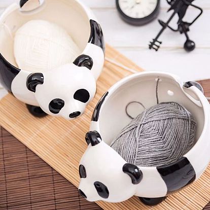 Lovely Panda Shape Handmade Porcelain Yarn Bowl Holder, Knitting Wool Storage Basket, with Holes to Prevent Slipping