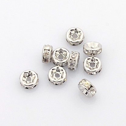 Brass Rhinestone Spacer Beads, Grade AAA, Straight Flange, Nickel Free, Platinum Metal Color, Rondelle, 6x3mm, Hole: 1mm