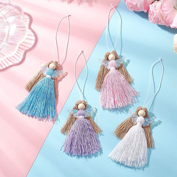 Подвесные украшения из полиэстера и стекла в виде ангела, с бусинами из натурального необработанного дерева