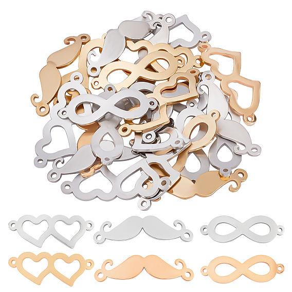 30Pcs 6 Style 201 Stainless Steel Links Connectors, Mixed Shapes