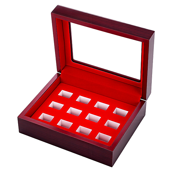 12-Cajas de almacenamiento de madera para anillos de campeón con tapa de ventana de acrílico transparente., Rectángulo