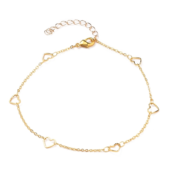 Brass Cable Chain Anklets, with Heart Links and Lobster Claw Clasps
