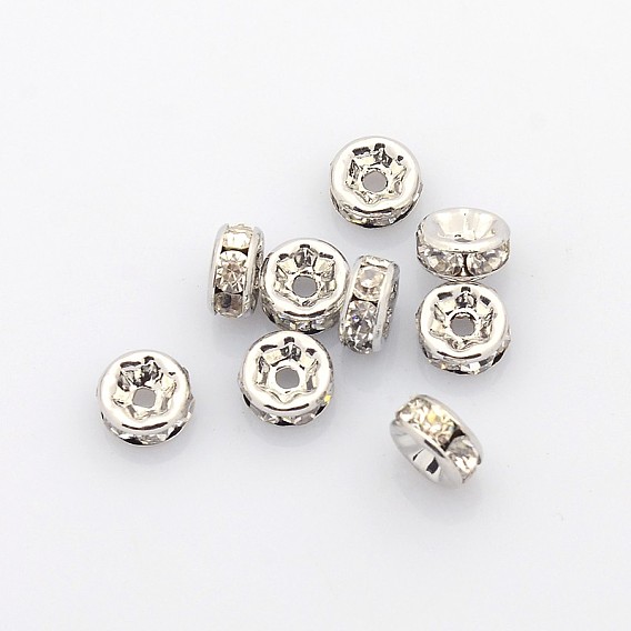 Messing Strass Zwischen perlen, Klasse aaa, gerade Flansch, Nickel frei, Platin Farbe, Rondell, 6x3 mm, Bohrung: 1 mm