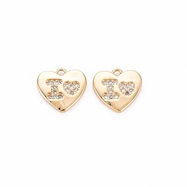 Brass Micro Pave Clear Cubic Zirconia Charms, Nickel Free, Heart with Word I