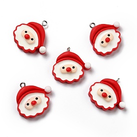 Opaque Resin Pendants, with Platinum Tone Iron Loops, Christmas Theme, Santa Claus