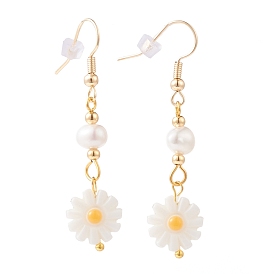 Flower Dangle Earrings, with Natural Pearl Beads, Natural White Shell Beads, Brass Earring Hooks, Brass Beads and Plastic Ear Nuts, Seashell Color