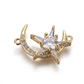 Brass Micro Pave Cubic Zirconia Links, Long-Lasting Plated, Lead Free & Cadmium Free & Nickel Free, Moon & Star, Clear