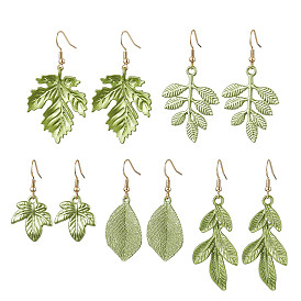 Painting Alloy Dangle Earrings, with 304 Stainless Steel Earring Hooks, Leaf