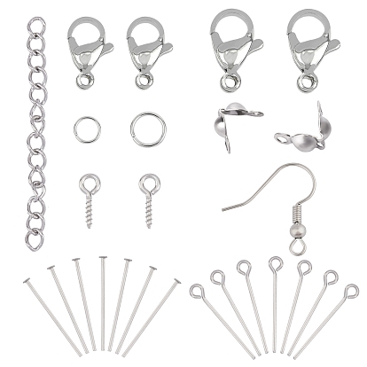 Stainless Steel Finding Kits, include Lobster Claw Clasps, Jump Rings, Screw Eye Pin Peg Bails, Bead Tips, Eye Pin, Flat Head Pins, Chain Extender, Earring Hooks