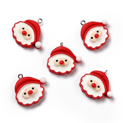 Opaque Resin Pendants, with Platinum Tone Iron Loops, Christmas Theme, Santa Claus