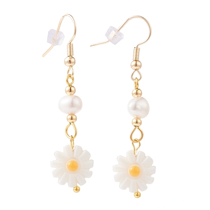 Flower Dangle Earrings, with Natural Pearl Beads, Natural White Shell Beads, Brass Earring Hooks, Brass Beads and Plastic Ear Nuts, Seashell Color