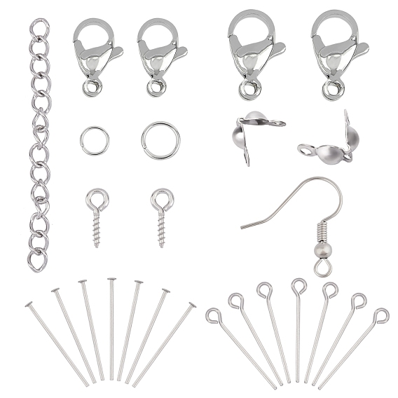 Stainless Steel Finding Kits, include Lobster Claw Clasps, Jump Rings, Screw Eye Pin Peg Bails, Bead Tips, Eye Pin, Flat Head Pins, Chain Extender, Earring Hooks