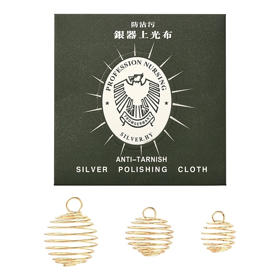 30Pcs 3 Style Iron Wire Spiral Bead Cage Pendants, With 1Pc KC Gold Polishing Cloth, Cage