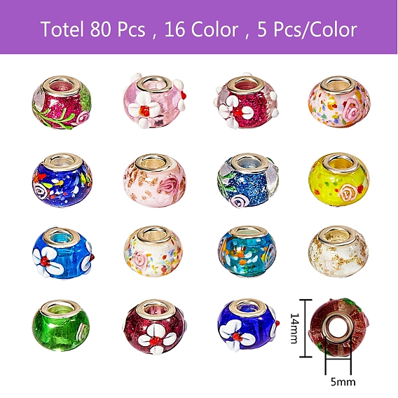 80pcs 16 Stil handgemachte europäische Lampwork Perlen, großes Loch Rondell Perlen, mit Platin-Ton Messing Doppeladern