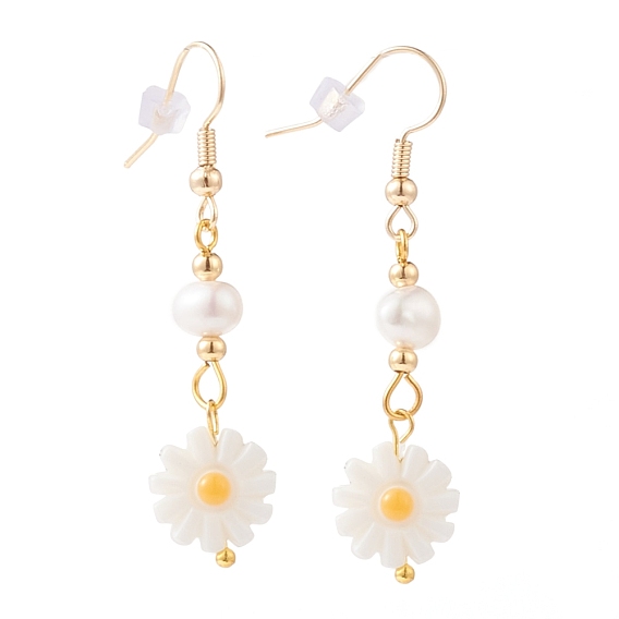 Flower Dangle Earrings, with Natural Pearl Beads, Natural White Shell Beads, Brass Earring Hooks, Brass Beads and Plastic Ear Nuts, Seashell Color