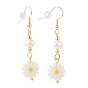 Flower Dangle Earrings, with Natural Pearl Beads, Natural White Shell Beads, Brass Earring Hooks, Brass Beads and Plastic Ear Nuts, Seashell Color