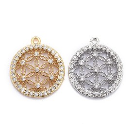 Brass Micro Pave Clear Cubic Zirconia Pendants, Long-Lasting Plated, Lead Free & Cadmium Free, Flat Round with Flower
