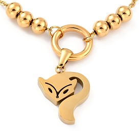 Ion Plating(IP) 304 Stainless Steel Fox Pendant Necklaces, with Round Beads and Cable Chains