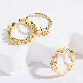 Butterfly Pearl Zircon Open Ring for Women, 14K Gold Unique Design Finger Jewelry