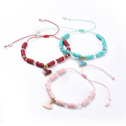 Pulseras de cuentas trenzadas de hilo de nylon ajustable, con cuentas de piedras preciosas, Cuentas de vidrio facetadas, cuentas de heishi de arcilla polimérica y esmalte de aleación, corazón
