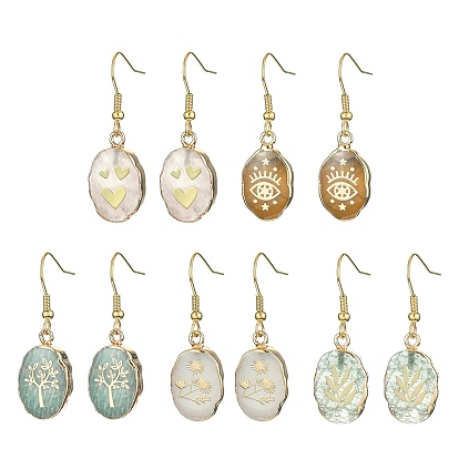 Natural Mixed Gemstone Oval Dangle Earrings, Pendants, Ion Plating(IP) 304 Stainless Steel Drop Earrings