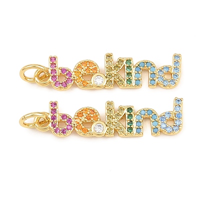 Brass Micro Pave Colorful Cubic Zirconia Pendants, Cadmium Free & Lead Free, Long-Lasting Plated, Rack Plating, Word of BEKIND Charms