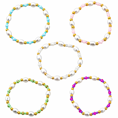 5шт. 5 цвета пластиковые браслеты из жемчужных бусин на эластичной основе для женщин, с гранеными стеклянными шариками